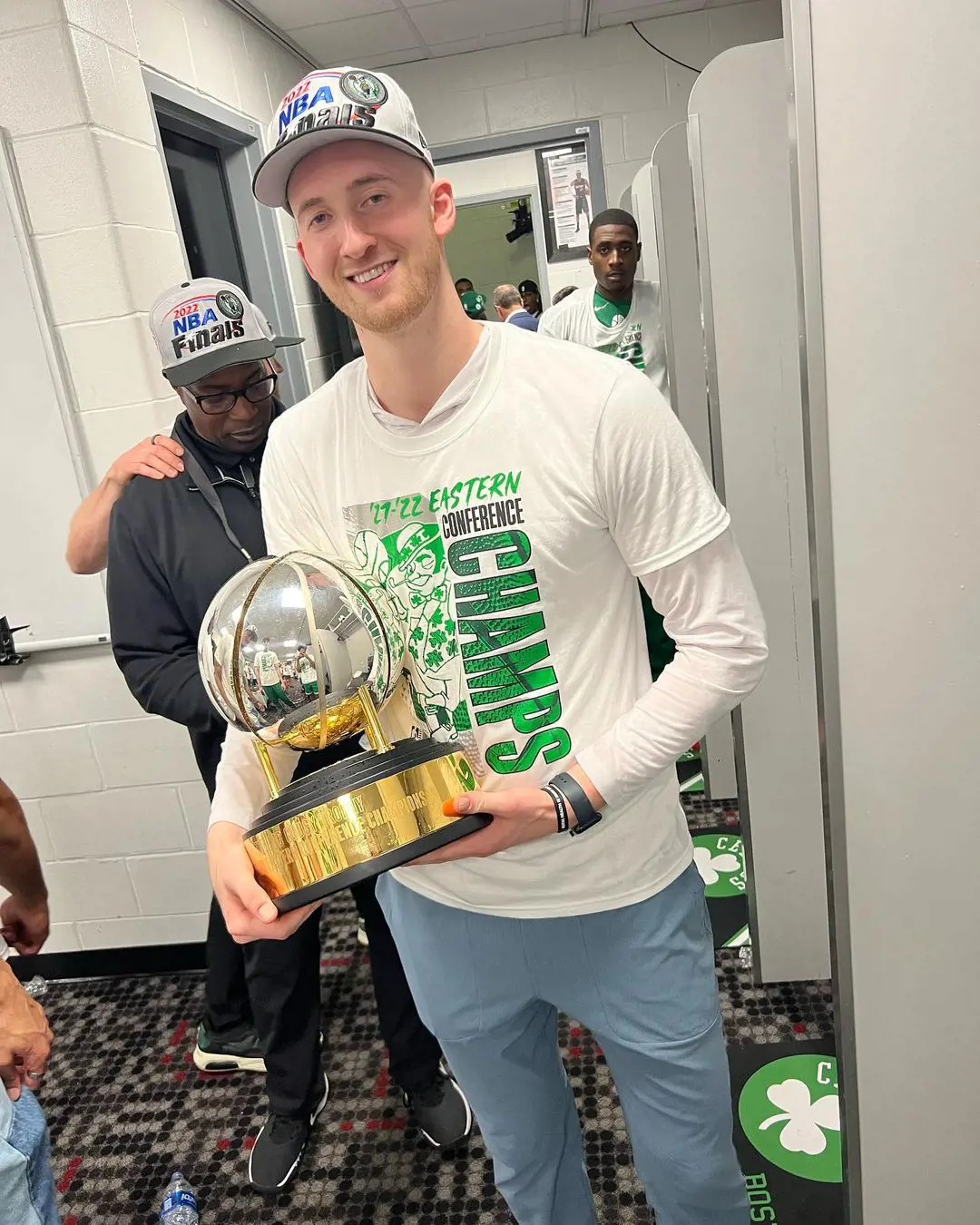 Sam Hauser celebrates the Boston Celtics' Eastern Conference win 