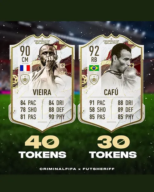 You can redeem French Legend Vieira for 40 tokens and Brazilian Legend Cafu for 30 tokens