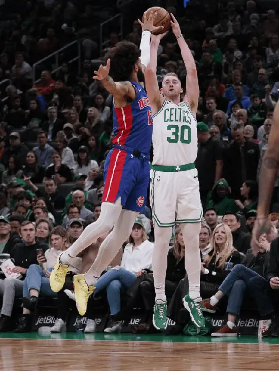 Sam Hauser pictured against Pistons, he scored career high 24 points 