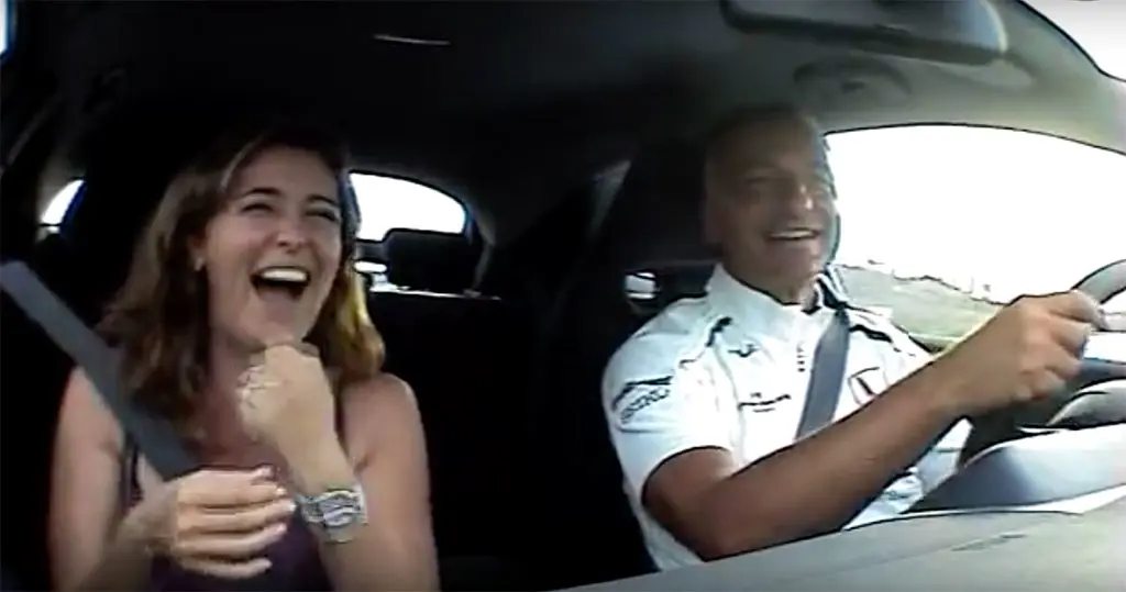 Riccardo Patrese does a speed lap with his wife Francesca Accordi. and a hidden camera.