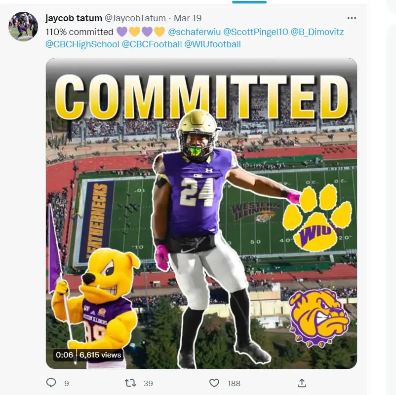 Jaycob Tatum has commited to the WIU University to play college Football.