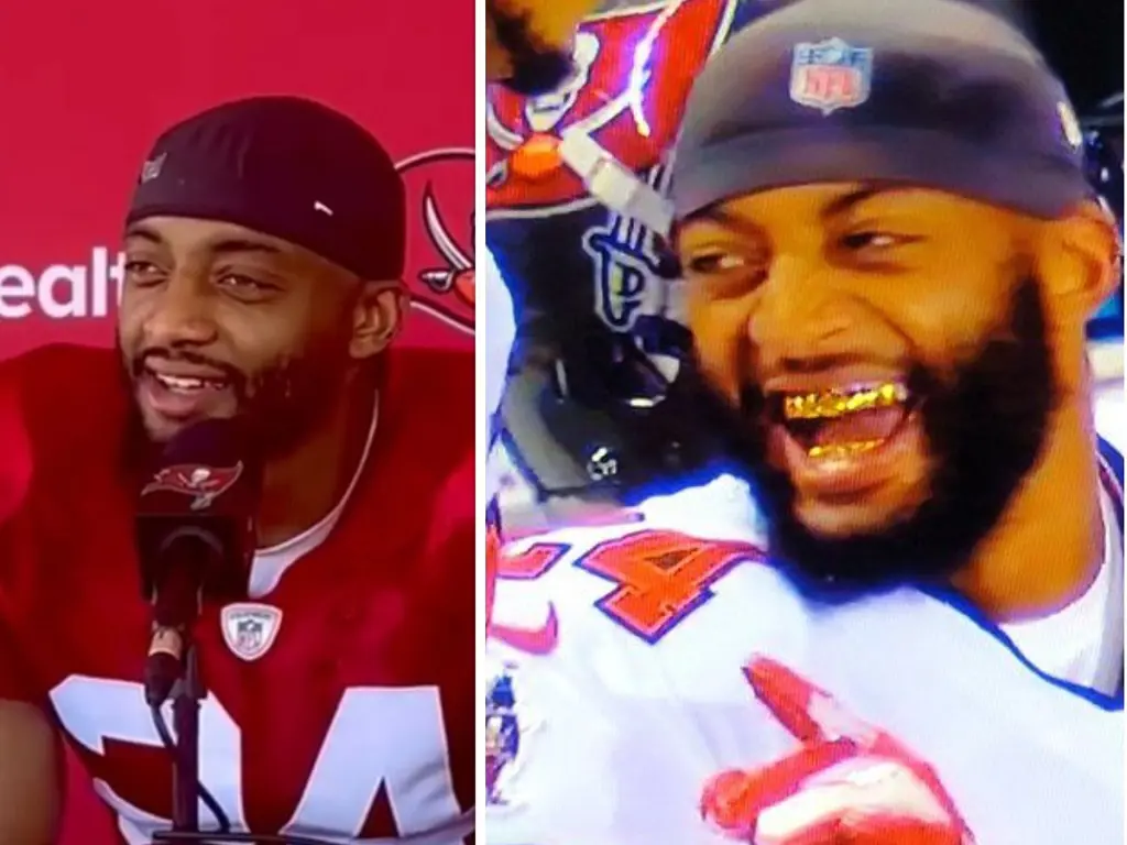 Carlton Davis III before and after getting gold teeth.