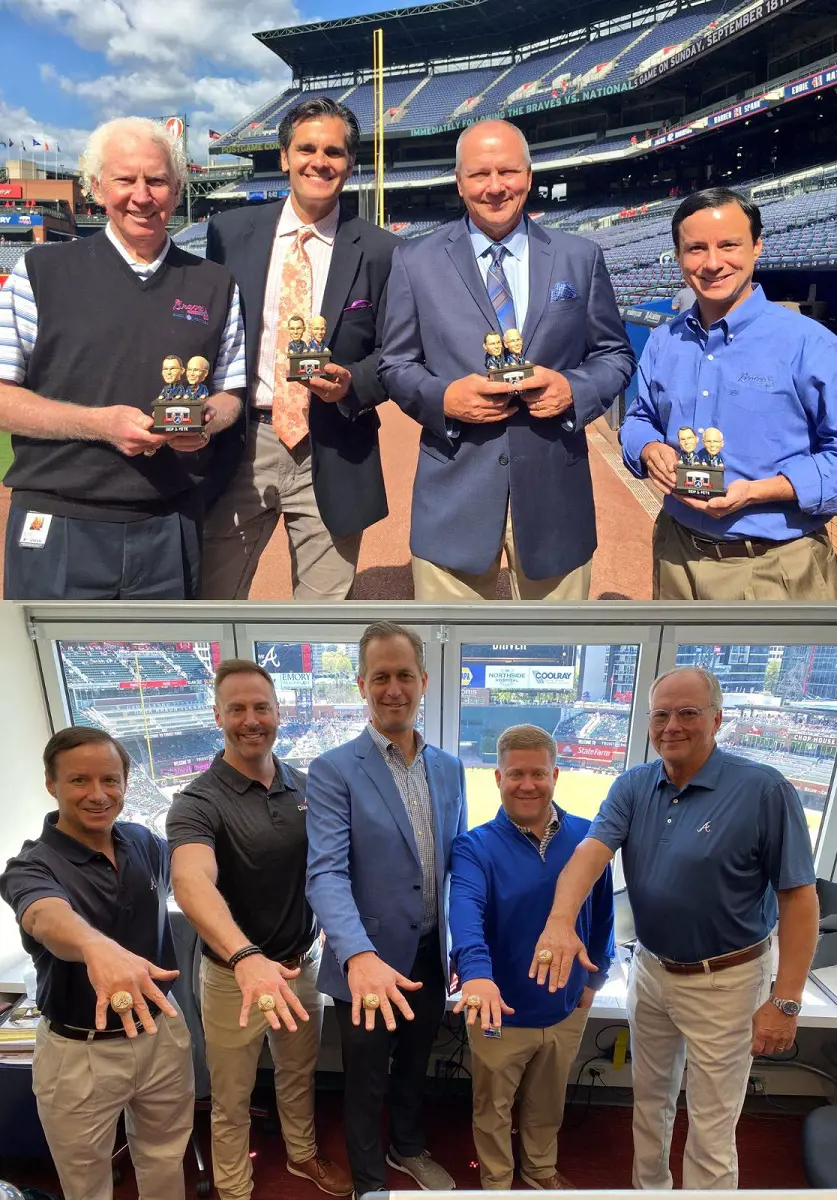The on-air team showing off their Skip and Pete Famous Calls Bobbleheads!
