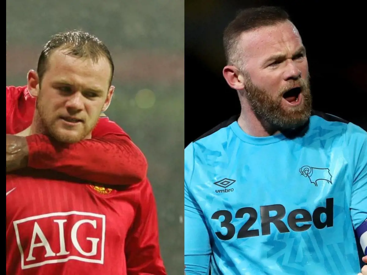 Wayne Rooney before the procedure in 2011 and after with Derby United in 2020