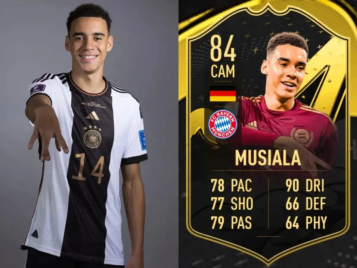 Jamal Musiala with his players rating card for FIFA 23
