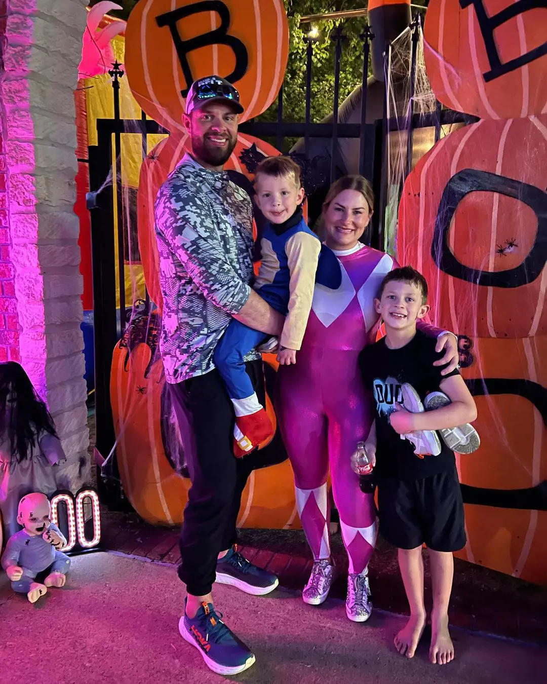 Brandon celebrating 2022 Halloween with his partner Haylee and kids Greyson and August