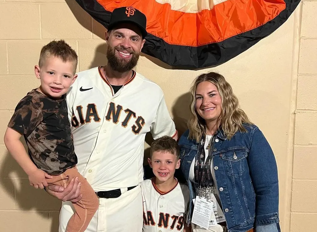 MLB player Belt with his Haylee Stephenson and two kids Greyson and August at the beginning of the 2022-23 season in April 2022