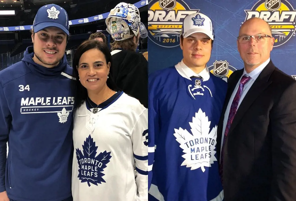 Auston wearing Maple Leafs blue with his mother Ema (left) and father Brian (right) in 2019