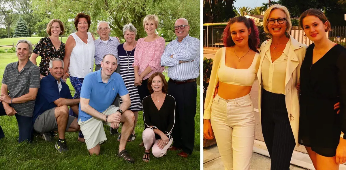 Katie with Howard and Phyllis (all three in center in the left photo) in a 2020 group photo. Hunter with Ella and Chloe (right photo) during her graduation celebration in August 2020.
