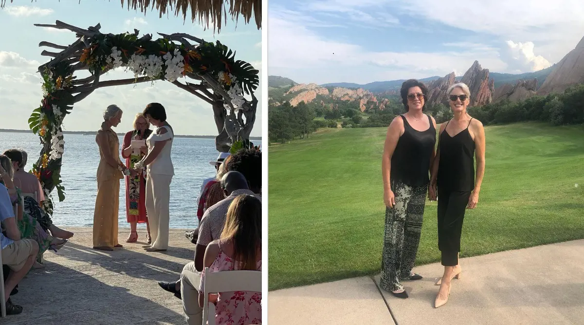 Katie and Hunter (left photo) during their ceremony in May 2022. The two during a trip together in August 2021.