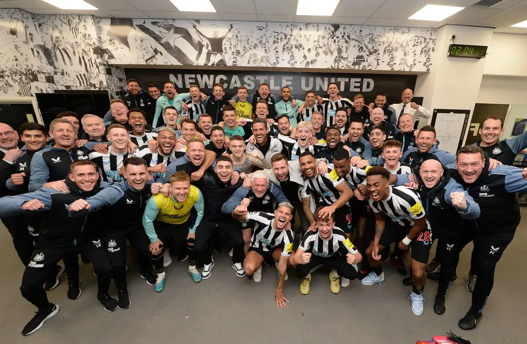 The Newcastle United's players and coaches in one frame after a win over Man United in April 2023