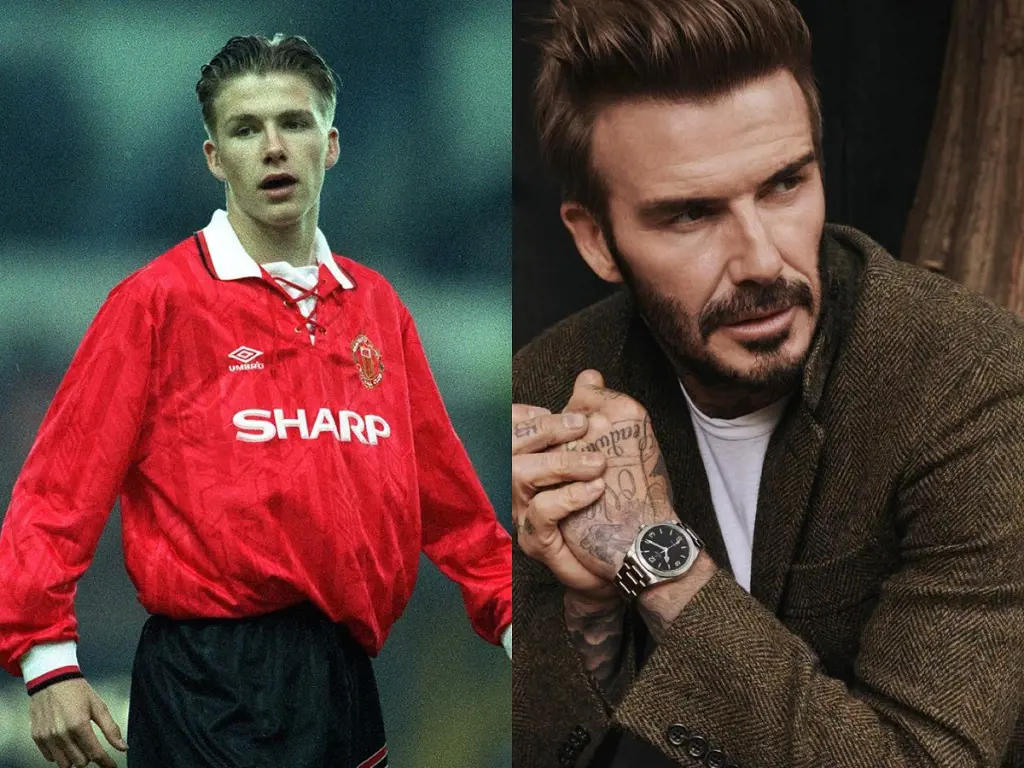 A 17 year old David Beckham on his Manchester United Debut in 1992 and him in 2022