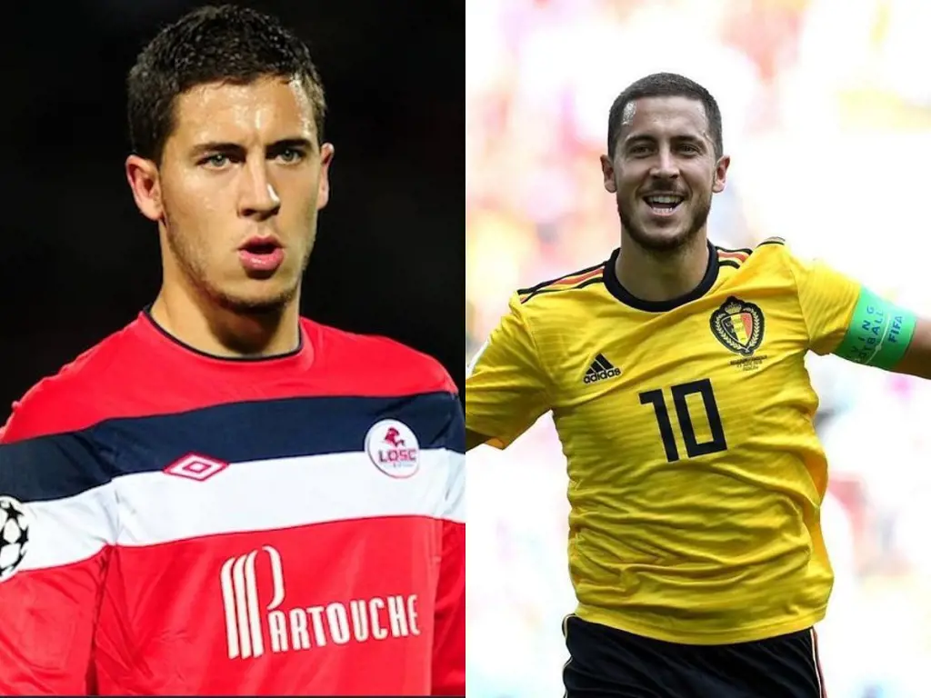 Belgian winger Eden Hazard with LOSC Lille in 2011 and him playing captaining Belgium in 2022