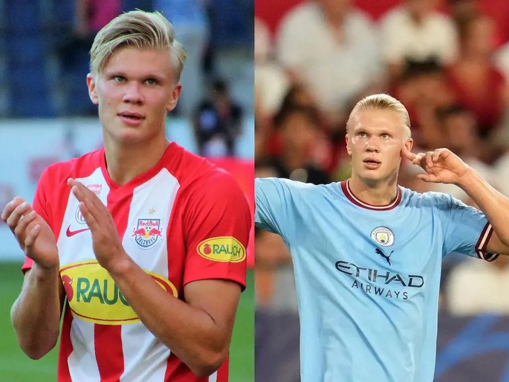Erling Haaland with Red Bull Salzburg in 2019 and him at Manchester City in 2023