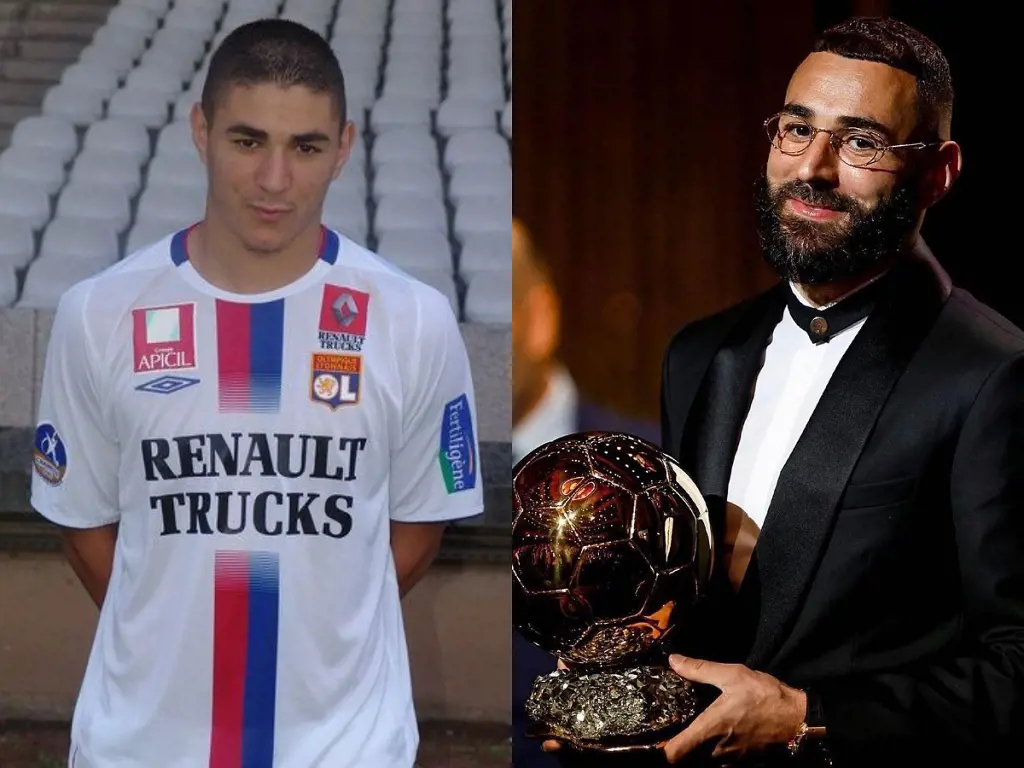 Karim Benzema with Olympique Lyon in 2005 and him winning the Ballon d'Or 2022
