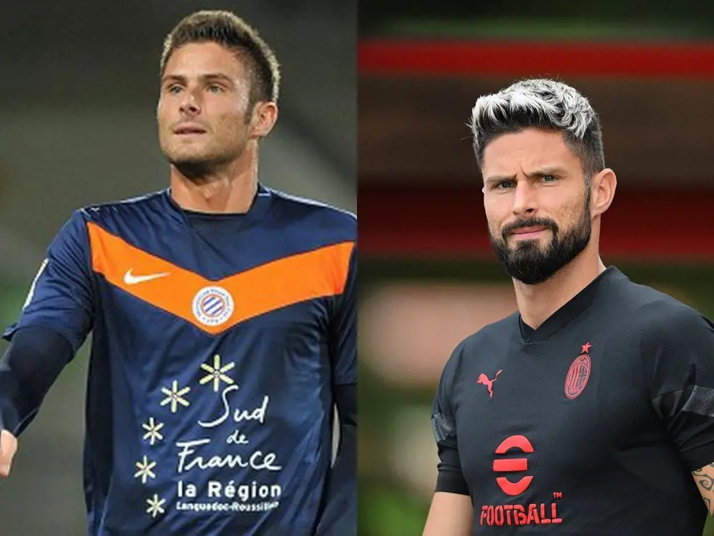 Oliver Giroud at Montpellier in 2012 and him in 2022 with AC Milan