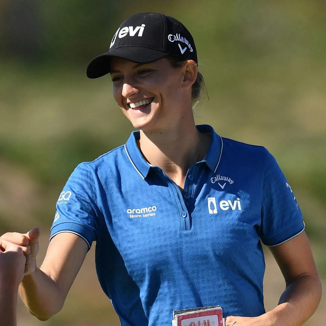 Anne van Dam dresses Callaway sponsored blue half sleeve polo t-shirt and a cap during the Spanish Open in November 2022