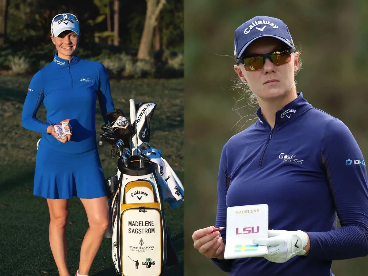 Madelene Sagstrom at the start of 2022 season with Callaway sponsored golf staff bag and cap.