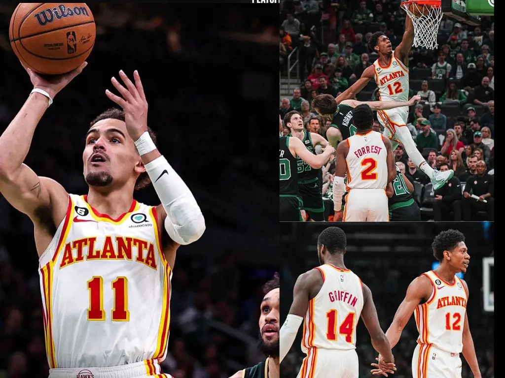 (Left) Trae Young scoring basket during a match against Boston Celtics in April 2023