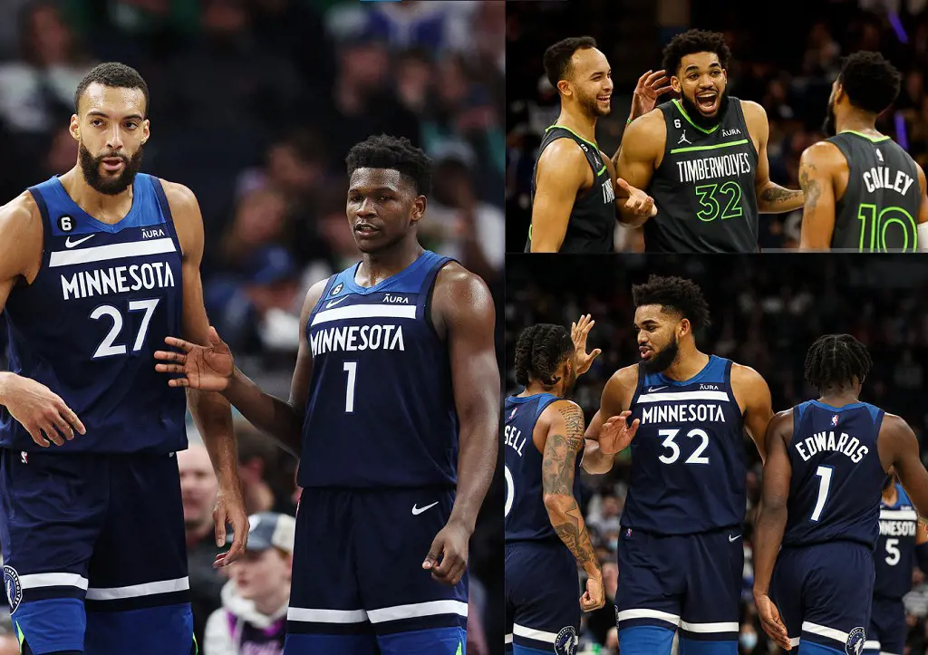 Karl-Anthony Towns with teammates Kyle Anderson and Mike Conley at Target Center on April 14, 2023