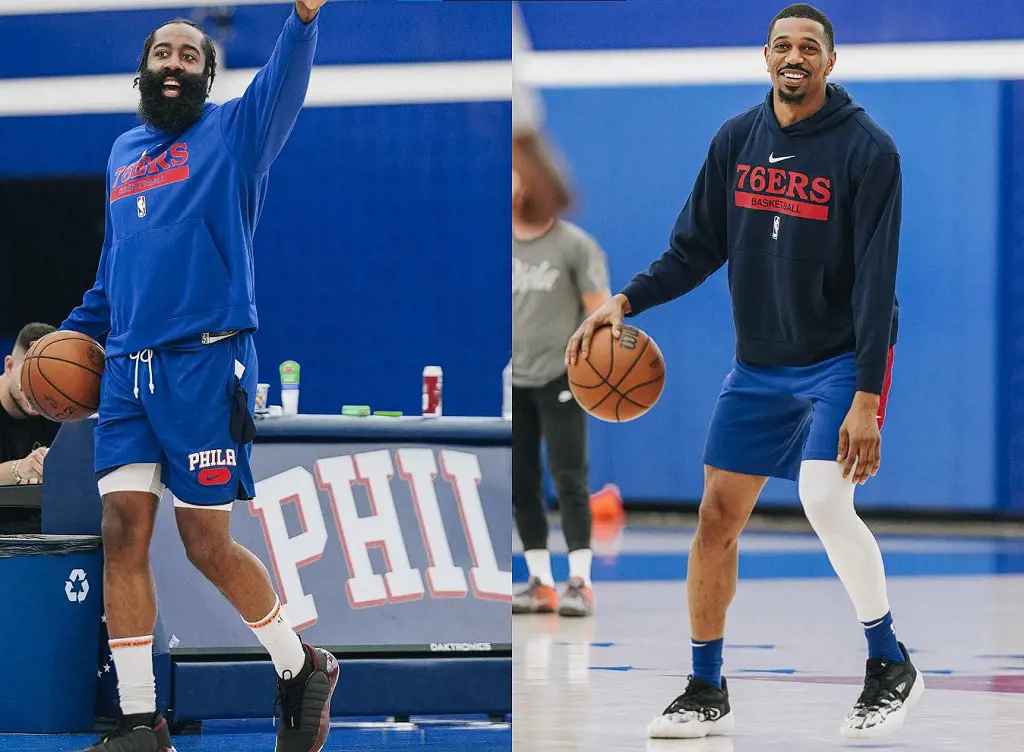 (Left) James Harden during practice on March 9, 2022 at Philadelphia 76ers Training Complex 