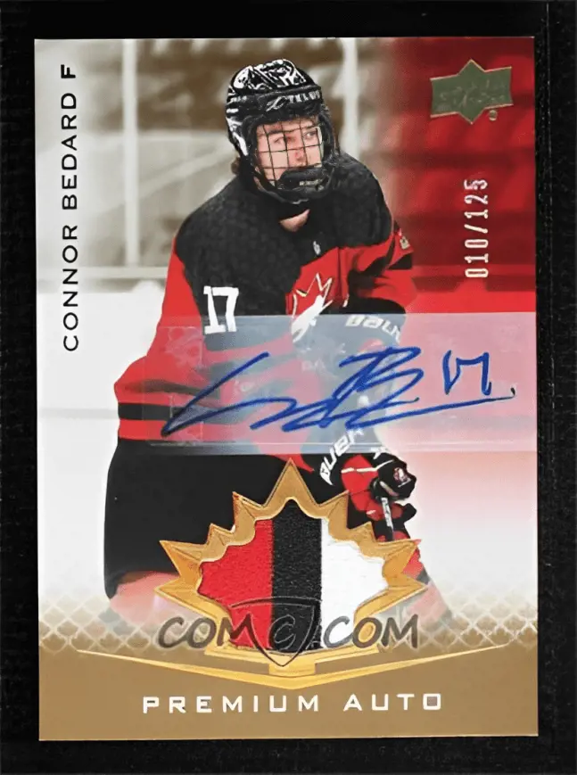 Tier 2 patch autograph card of Bedard from the 2021 Upper Deck Team Canada Juniors.
