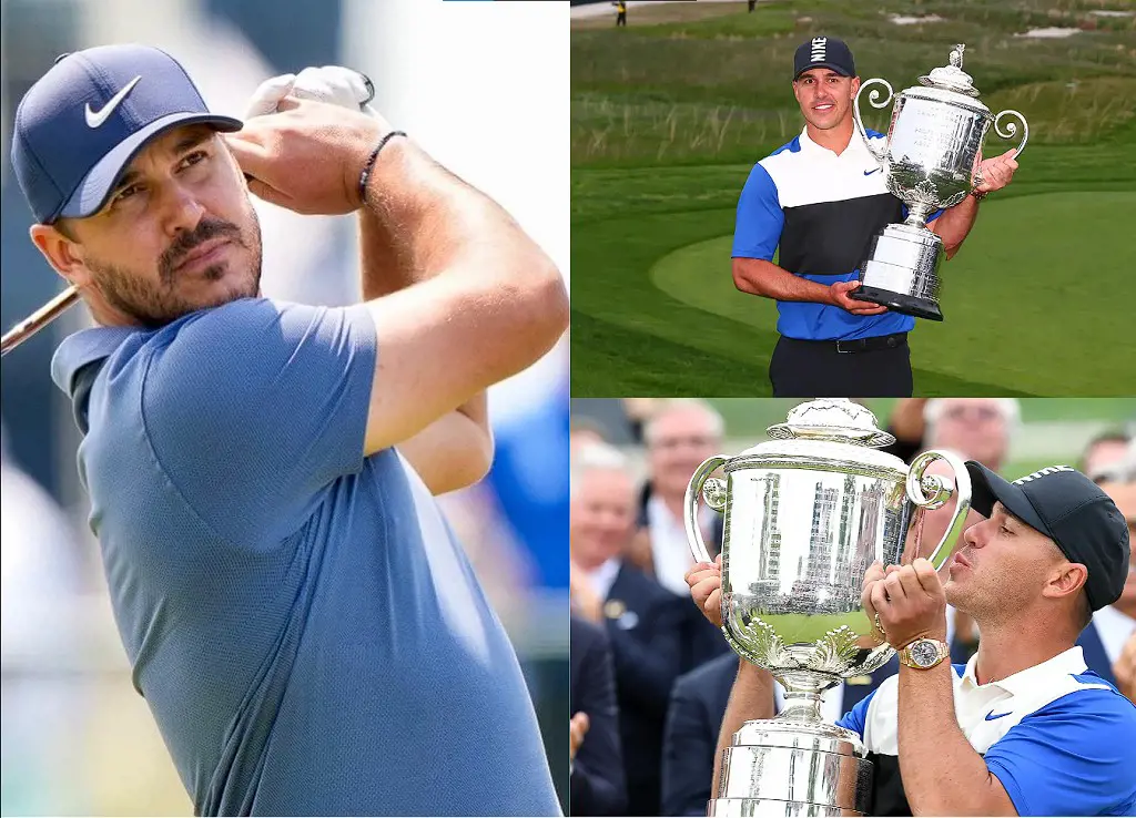 Brooks Koepka kissing the US PGA Championship trophy after a win from Dustin Johnson in 2019  