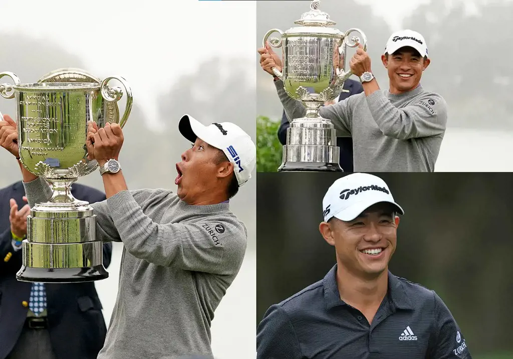 Morikawa reaction after the lid of the Wanamaker Trophy fell off at TPC Harding Park in 2022