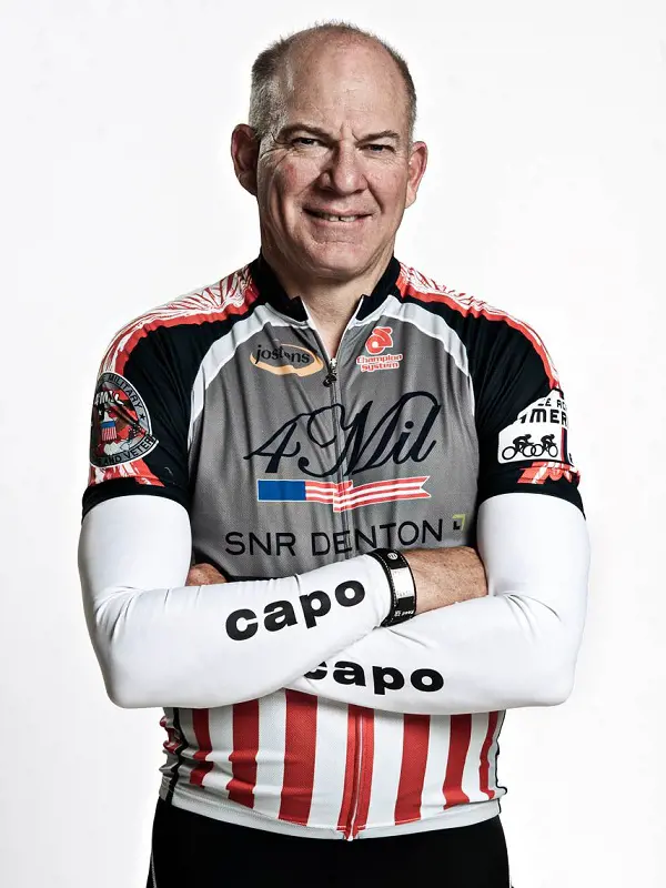 Bob Roll pictured wearing his cycling jersey.