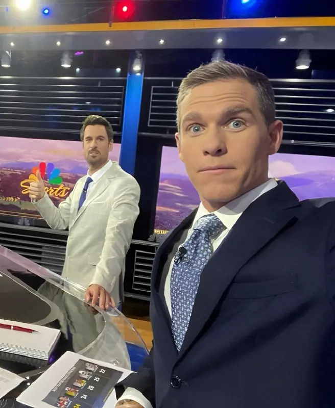 Sam Bewley (left) and Brent Bookwalter (right) take a selfie at NBC studio