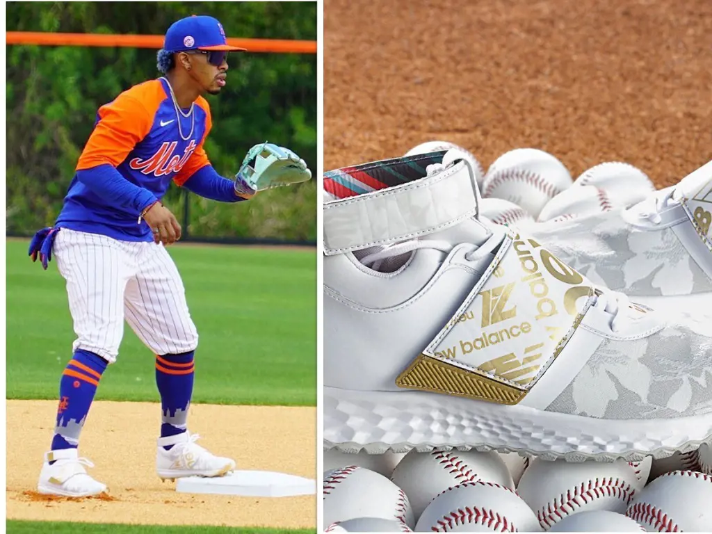 Francisco wearing  his own New Balance signature shoe  the LINDOR 1.
