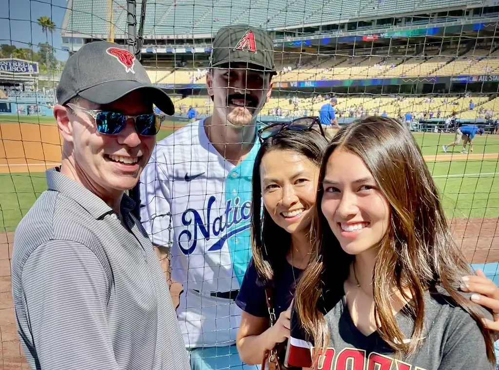 Brent, Pey-Lin and Campbell visit Corbin during his MLB game for the Diamondbacks in July 2022  