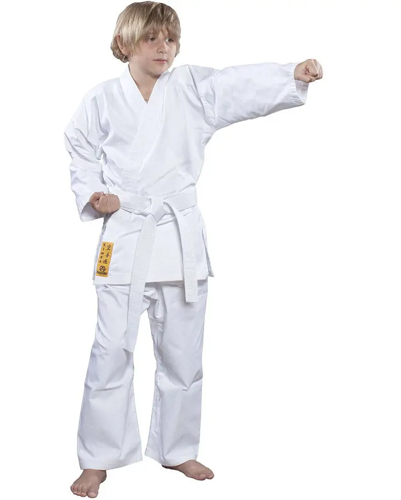 A kyu-level karateka wearing a white belt for classes.