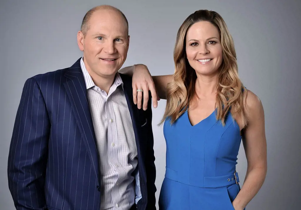 Adam with the NASCAR host Shannon Spake ready for kick off their 2020 season. 