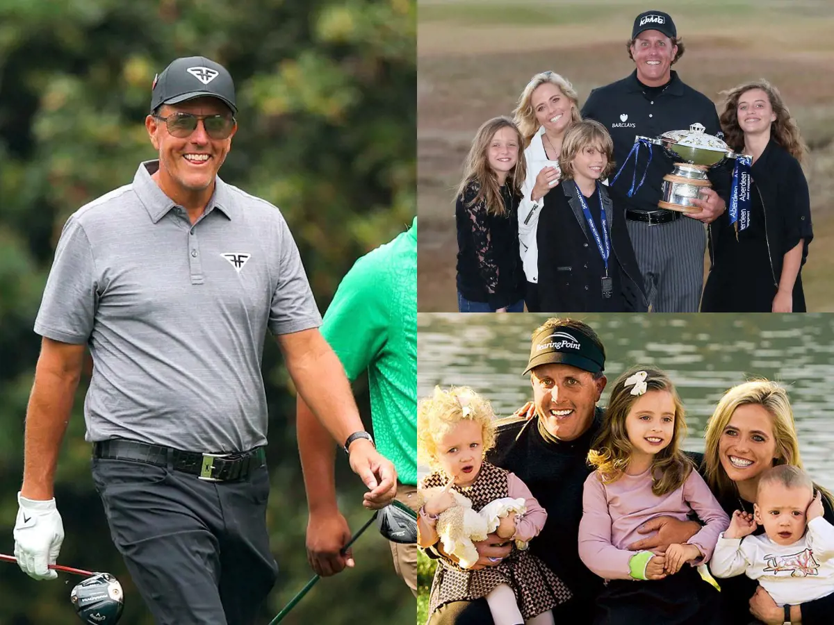 (Right Top) Mickelson poses with the trophy with Amy, Evan, Amanda and Sophia after his victory