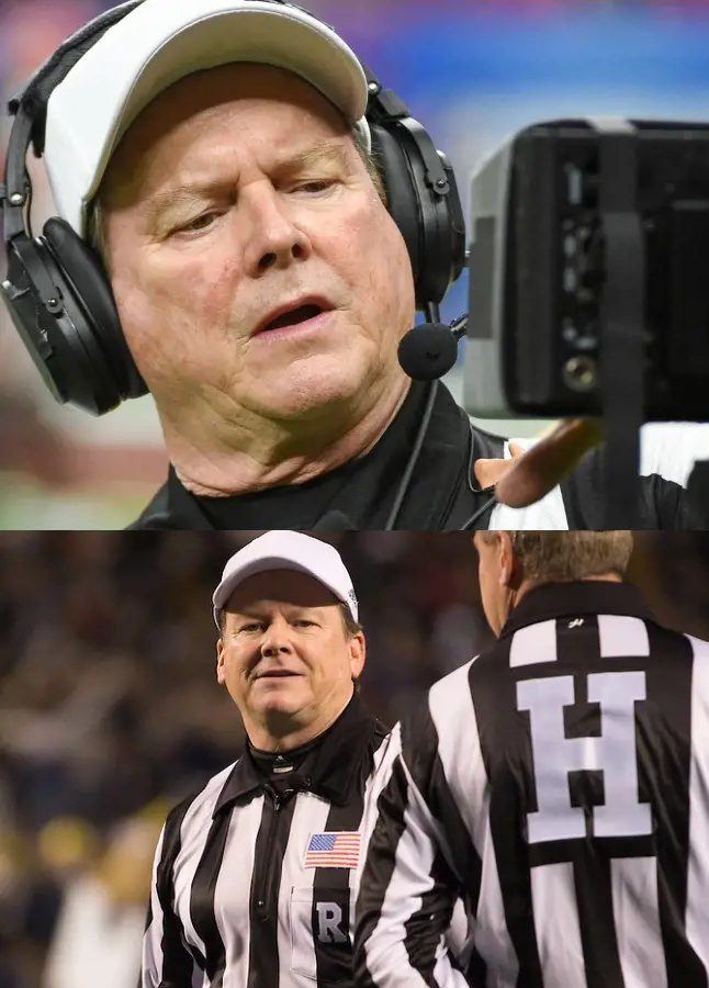 McGinn (upper photo) looking into the replay monitor at the 2020 Super Bowl.