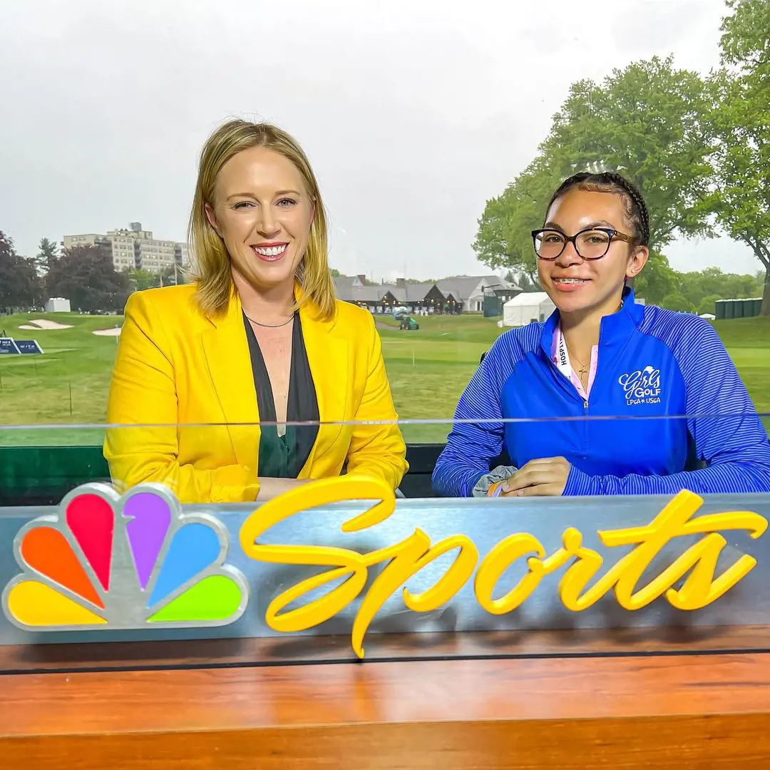 Morgan Pressel (L) on the set of NBC's Golf Channel speaking with Jada (R) at Upper Montclair Country Club NJ, May 2022