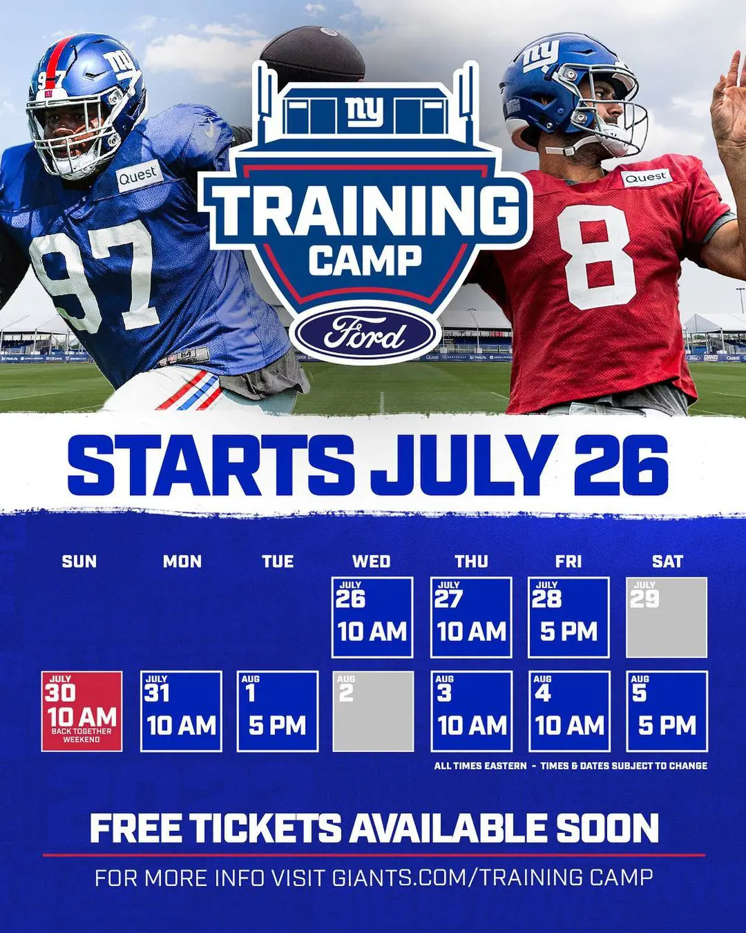 Training Camp schedule of the Giants ahead of the new season.