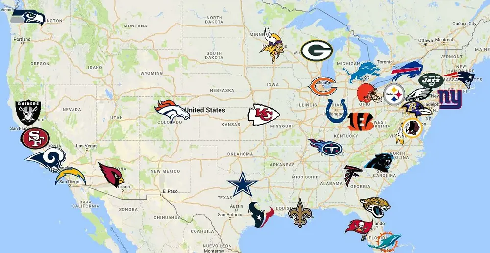 The map of the US with the teams and their states along with the host cities
