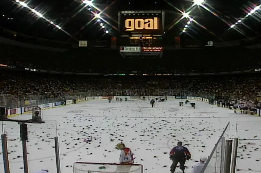 Panthers fans showered ice with thousands of plastic rats after Ray Sheppard scored the first home goal for Florida in the Finals in June 1996