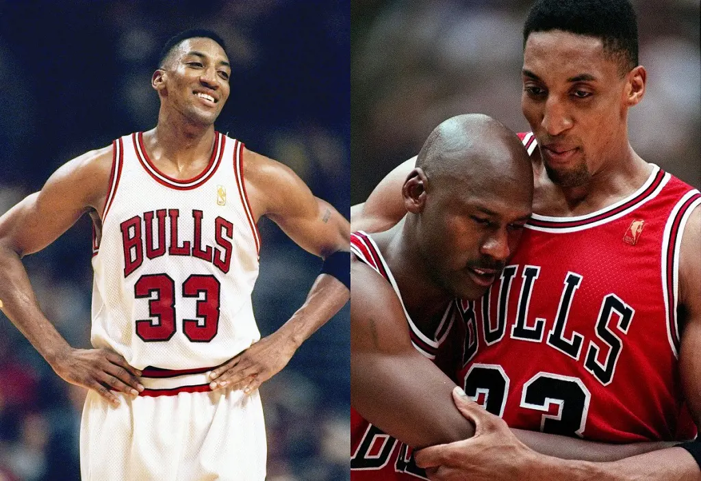 Bulls legends Michael Jordan hugs Pippen during an NBA game in the 90s 
