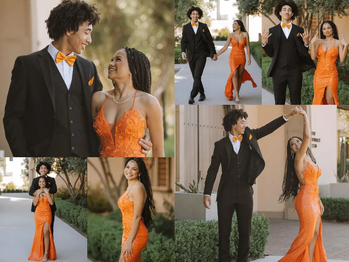 Jared and Sydney in orange attire while attending prom in April 2022