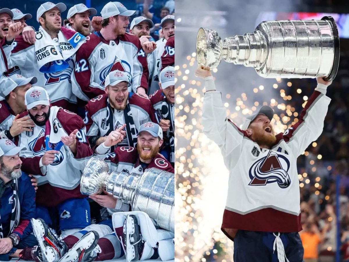 Colorado captain Gabriel Landeskog lifts the cup after their win over Tampa Bay in 2022