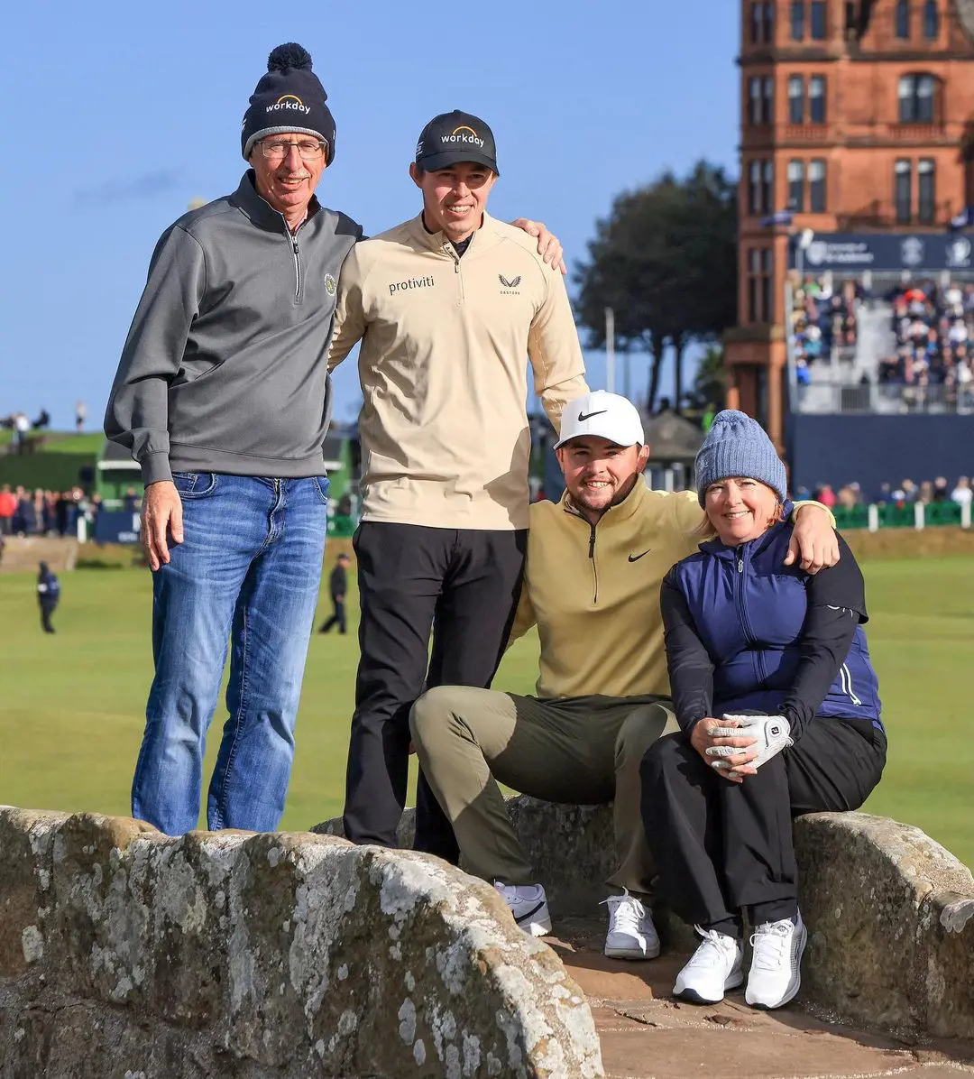From left, Russell, Matt, Alex and Susan on the Swilcan Bridge on day three of the Alfred Dunhill Links Championship on October 01, 2022 .