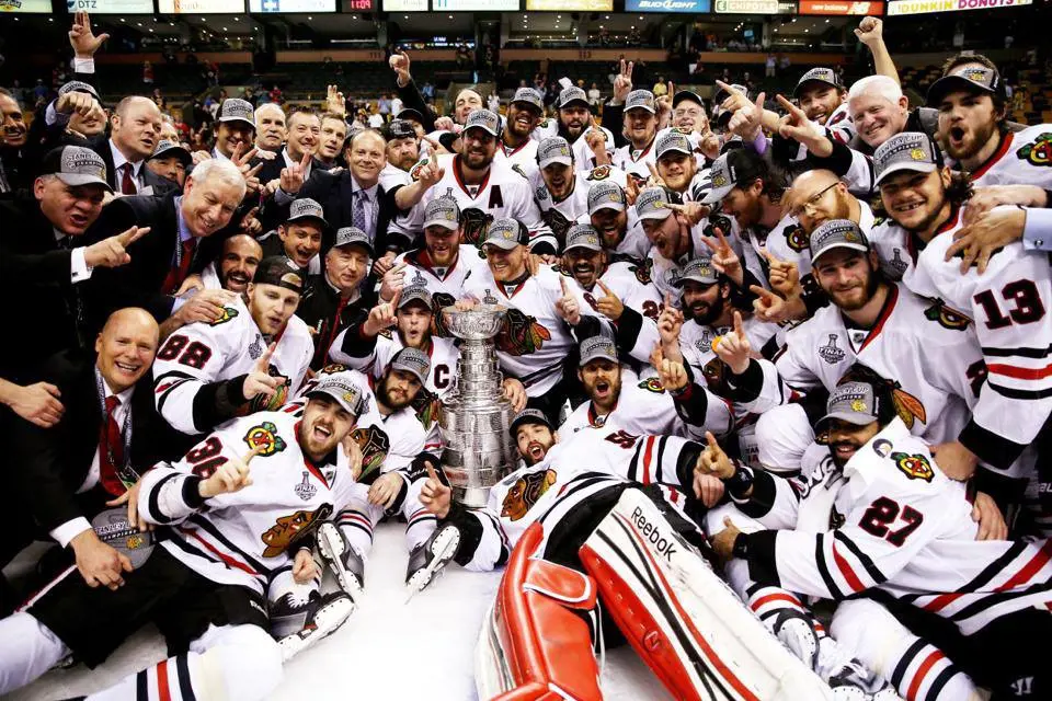 The Chicago Blackhawks pictured with Stanley Cup Trophy at TD Garden on June 24, 2013 in Boston, Massachusetts