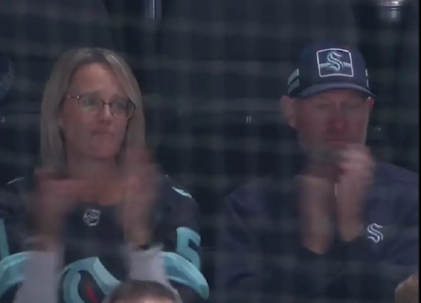 Simon and his wife Tanya cheering for their son Shane after he got his first NHL point in October 2022