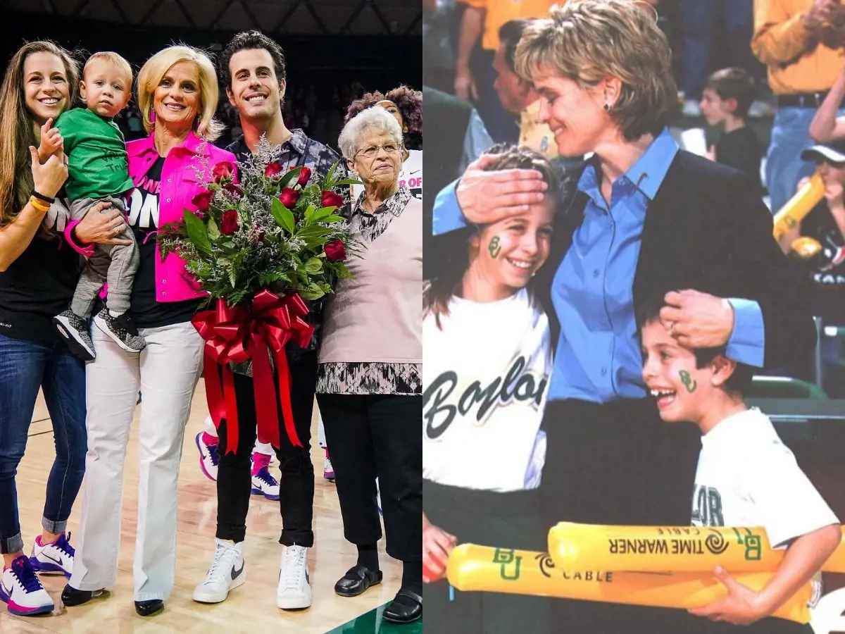 Kim celebrates her 600 wins as a coach with her folks in February 2020