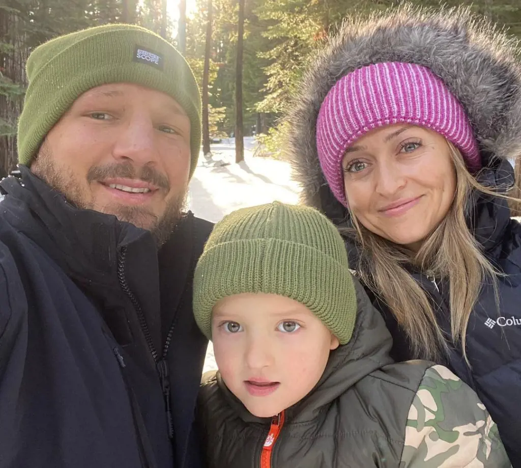 TJ with Rebecca Dillashaw and Bronson Jack Dillashaw hiking during the winter