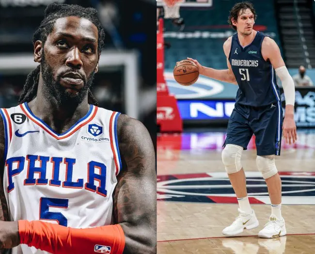 The shortest Center player of NBA Montrezl Harrell on the left and tallest center player Boban Marjanovic on the right..