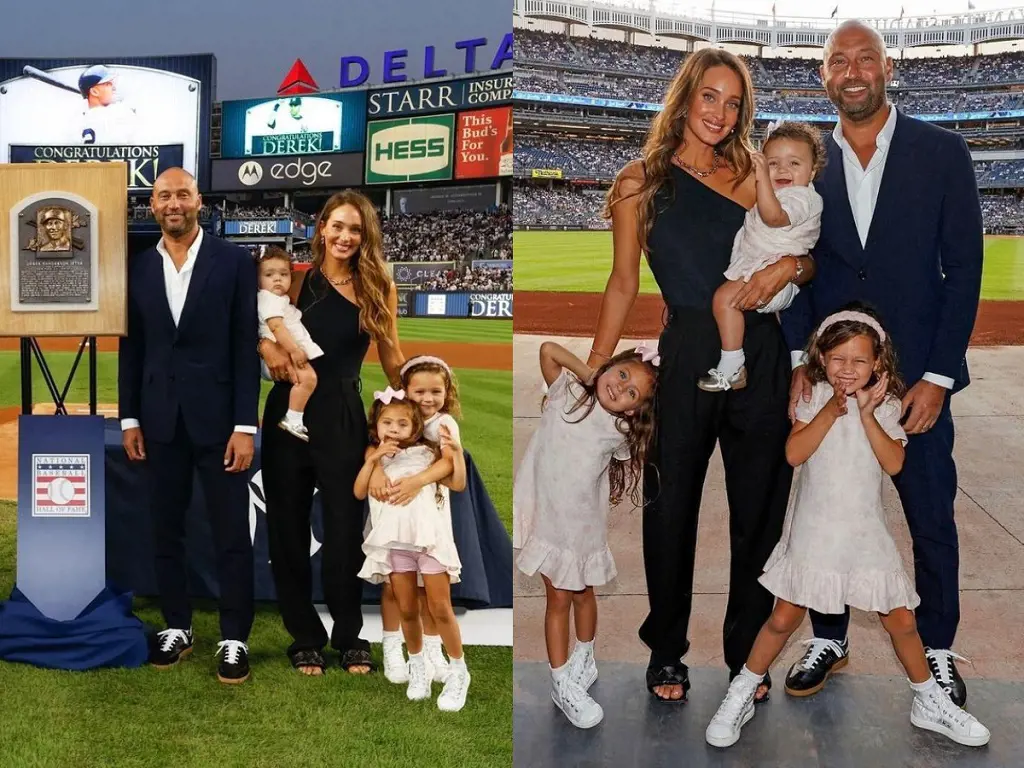 Derek and Hannah together with Story, Bella and River Jeter at Yankee Stadium. 
